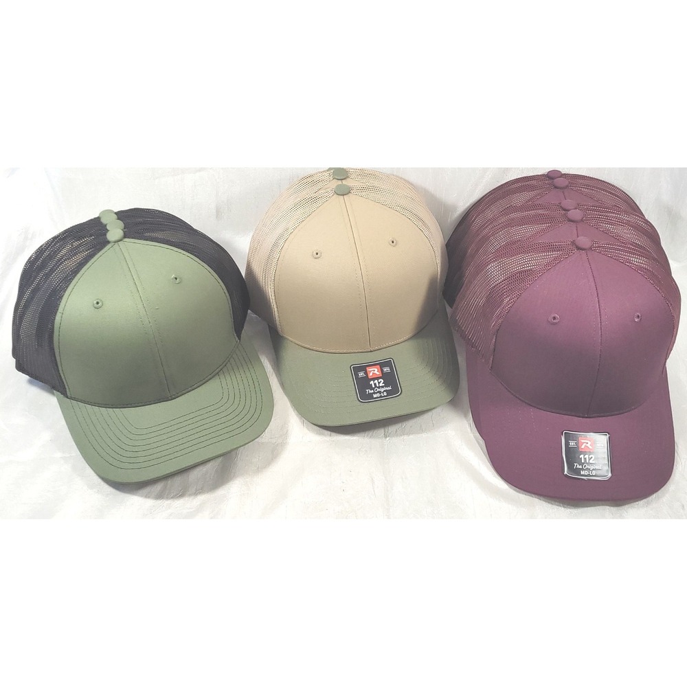 LOT 12 Richardson 112 Blank Mesh Snap Back Trucker Hats - Maroon, Green, Tan